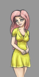 Size: 865x1697 | Tagged: dead source, safe, artist:polkin, fluttershy, human, g4, breasts, busty fluttershy, clothes, dress, female, gray background, humanized, simple background, solo, yellow dress