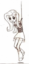 Size: 686x1500 | Tagged: safe, artist:anime-gagged, fluttershy, equestria girls, g4, bondage, breast bondage, breasts, female, monochrome, rope, solo, suspended, traditional art