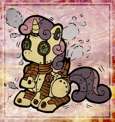 Size: 947x1000 | Tagged: safe, artist:juliekarbon, sweetie belle, pony, robot, robot pony, unicorn, g4, blank flank, female, filly, foal, hooves, horn, sitting, solo, steam, steampunk, sweetie bot