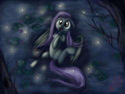 Size: 1200x900 | Tagged: safe, artist:miokomata, fluttershy, firefly (insect), g4, cute, dark, female, glowing, night, on back, shyabetes, solo, swimming, water, wet mane