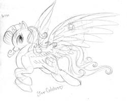 Size: 2550x2027 | Tagged: safe, artist:winged-dragoness, star catcher, pegasus, pony, g3, g4, 2013, female, flying, g3 to g4, generation leap, looking at you, mare, monochrome, open mouth, open smile, sketch, smiling, solo, traditional art