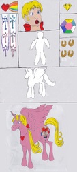 Size: 1002x2208 | Tagged: safe, artist:zeldatheswordsman, megan williams, alicorn, human, pony, g1, donut steel, female, golden horseshoes, heart of ponyland, human female, human to pony, mare, ponified, princess wands, rainbow of light, the sunstone, transformation