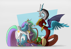 Size: 3320x2314 | Tagged: safe, artist:quinepeather, discord, princess celestia, g4, female, male, ship:dislestia, shipping, straight