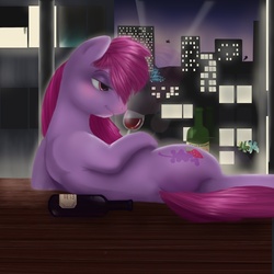 Size: 960x960 | Tagged: safe, artist:dertaii, berry punch, berryshine, earth pony, pony, g4, alcohol, city, female, manhattan, mare, solo, wine