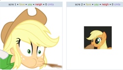 Size: 959x543 | Tagged: safe, screencap, applejack, derpibooru, equestria girls, g4, my little pony equestria girls, exploitable meme, hat, juxtaposition, juxtaposition win, meme, spit take