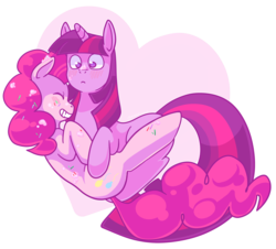 Size: 2027x1829 | Tagged: safe, artist:chiptoony, pinkie pie, twilight sparkle, earth pony, pony, unicorn, g4, blushing, eyes closed, female, food, heart, lesbian, mare, ship:twinkie, shipping, simple background, smiling, sprinkles, transparent background