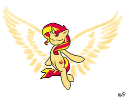 Size: 892x684 | Tagged: safe, artist:ransurround, sunset shimmer, pony, g4, eyes closed, female, hilarious in hindsight, solo, sunset phoenix, wings