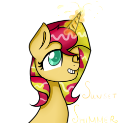 Size: 900x900 | Tagged: safe, artist:windbeauty, sunset shimmer, pony, unicorn, g4, bust, colored pupils, female, grin, magic, one eye closed, simple background, solo, transparent background, wink