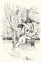 Size: 1573x2389 | Tagged: safe, artist:mcstalins, apple bloom, g4, female, fishing, gramophone, monochrome, solo, traditional art, water