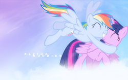 Size: 1920x1200 | Tagged: safe, artist:vexx3, rainbow dash, twilight sparkle, alicorn, pony, g4, female, hug, mare, twilight sparkle (alicorn), wallpaper