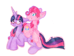 Size: 670x515 | Tagged: safe, artist:flow3r-child, pinkie pie, twilight sparkle, g4, ear bite, female, glasses, male, rule 63, ship:twinkie, shipping, snuggling, straight