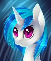 Size: 622x737 | Tagged: safe, artist:ghst-qn, dj pon-3, vinyl scratch, pony, unicorn, g4, bust, colored pupils, female, grin, mare, portrait, signature, smiling, solo