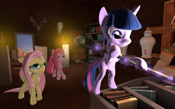 Size: 1024x640 | Tagged: safe, artist:mrrockslider, fluttershy, pinkie pie, twilight sparkle, g4, 3d, glasses, gmod, pinkamena diane pie, staff