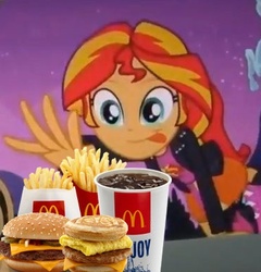 Size: 371x386 | Tagged: safe, edit, edited screencap, screencap, sunset shimmer, equestria girls, g4, my little pony equestria girls, burger, cheeseburger, cropped, food, french fries, hamburger, mcdonald's, meme, soda, sunset shimmer reaching for things, tongue out