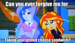 Size: 1414x813 | Tagged: safe, edit, edited screencap, screencap, princess luna, sunset shimmer, vice principal luna, equestria girls, g4, my little pony equestria girls, caption, cute, glorious grilled cheese, grilled cheese, image macro, puppy dog eyes, sandwich, shimmerbetes