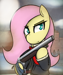 Size: 1090x1290 | Tagged: safe, artist:ppdraw, fluttershy, g4, badass, belt, bioshock, bioshock infinite, booker dewitt, crossover, female, flutterbadass, fog, gun, lever action, m1887, shotgun, smiling, smirk, solo, weapon