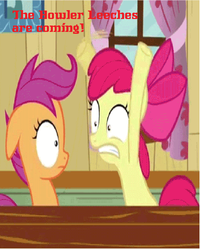 Size: 952x1184 | Tagged: safe, edit, edited screencap, screencap, apple bloom, scootaloo, g4, hearts and hooves day (episode), my little pony: friendship is magic, angry beavers, clubhouse, cropped, crusaders clubhouse, duo, floppy ears, hearts and hooves day, parody, wrong aspect ratio