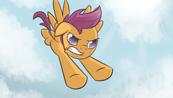 Size: 1280x720 | Tagged: safe, artist:sunset-haste, scootaloo, pony, g4, female, flying, scootaloo can fly, solo