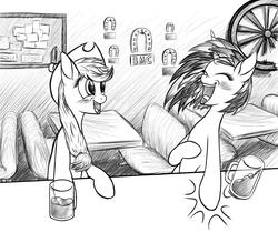 Size: 2000x1670 | Tagged: safe, artist:furor1, applejack, dj pon-3, vinyl scratch, g4, alcohol, bar, horseshoes, pub