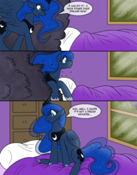 Size: 700x894 | Tagged: safe, artist:akuoreo, princess luna, oc, alicorn, pony, g4, bed, brony, comic, crown, dialogue, dream, dream walker luna, hoof shoes, jewelry, peytral, regalia, rule 63, speech bubble, transformation, transformed, transgender transformation