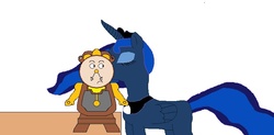 Size: 808x398 | Tagged: safe, artist:hmcvirgo92, princess luna, g4, beauty and the beast, cogsworth, crossover, crossover shipping, disney, female, kissing, male, straight, wat, why