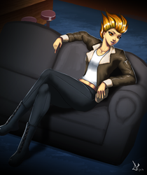 Size: 3508x4177 | Tagged: safe, artist:deilan12, spitfire, human, g4, clothes, couch, female, humanized, jacket, looking at you, sitting, solo