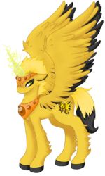 Size: 961x1600 | Tagged: safe, artist:mondlichtkatze, alicorn, pony, zapdos, alicornified, horn, peytral, pokémon, ponified, simple background, solo, sparking horn, spread wings, transparent background, wings