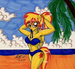 Size: 1288x1181 | Tagged: safe, artist:newyorkx3, spitfire, anthro, g4, armpits, beach, belly button, bikini, cleavage, clothes, female, high ponytail, ponytail, solo, swimsuit, traditional art