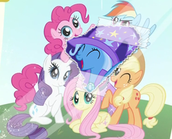 Size: 790x640 | Tagged: safe, edit, applejack, fluttershy, pinkie pie, rainbow dash, rarity, trixie, twilight sparkle, pony, g4, alternate mane six, bad idea, eyes closed, group shot, looking at you, mane six, mane six opening poses, one eye closed, open mouth, out of context, prone, sitting, smiling, tape