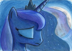 Size: 995x711 | Tagged: safe, artist:septilsix, princess luna, g4, bust, eyes closed, female, moon, night, sad, solo, traditional art