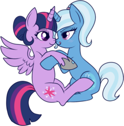 Size: 443x452 | Tagged: safe, artist:lulubell, trixie, twilight sparkle, alicorn, pony, g4, alternate hairstyle, female, fulfilled cutie mark, high ponytail, lesbian, mare, new friend coming, ponytail, ship:twixie, shipping, simple background, transparent background, twilight sparkle (alicorn)
