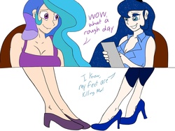 Size: 2048x1536 | Tagged: safe, artist:bronypanda, princess celestia, princess luna, human, g4, bare legs, feet, female, humanized, lesbian, shipping, shoes