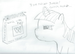 Size: 2157x1565 | Tagged: safe, artist:2shyshy, twilight sparkle, g4, 30 minute art challenge, monochrome, scrabble, traditional art, words with friends