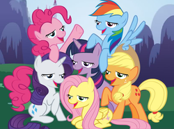 Size: 813x606 | Tagged: safe, applejack, fluttershy, pinkie pie, rainbow dash, rarity, scootaloo, twilight sparkle, g4, chickun, exploitable meme, faic, mane six, mane six opening poses, meme