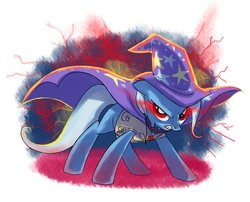 Size: 993x804 | Tagged: safe, artist:yulyeen, trixie, pony, unicorn, g4, alicorn amulet, cape, clothes, female, glowing eyes, hat, mare, solo, trixie's cape, trixie's hat, vest