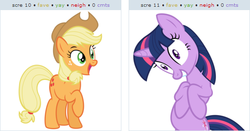 Size: 519x272 | Tagged: safe, applejack, twilight sparkle, g4, exploitable meme, female, juxtaposition, juxtaposition win, lesbian, ship:twijack, shipping