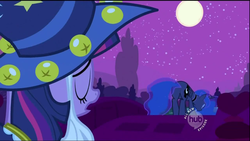 Size: 1280x720 | Tagged: safe, screencap, princess luna, twilight sparkle, g4, luna eclipsed, butt, clothes, cosplay, costume, duo, hub logo, nightmare night costume, plot, star swirl the bearded costume, twilight the bearded