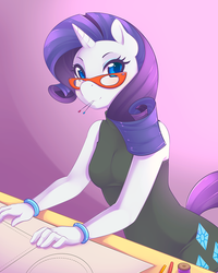 Size: 750x938 | Tagged: safe, artist:spazzykoneko, rarity, anthro, g4, female, glasses, sewing, solo, working