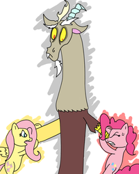 Size: 800x1000 | Tagged: safe, discord, fluttershy, pinkie pie, g4, discord gets all the mares, female, love triangle, male, ship:discopie, ship:discoshy, shipping, straight