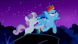 Size: 1274x718 | Tagged: safe, screencap, rainbow dash, sweetie belle, g4, sleepless in ponyville, push