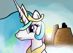 Size: 3508x2551 | Tagged: dead source, safe, artist:spaghetticen145, princess celestia, alicorn, pony, g4, bust, canyon, female, looking at you, solo