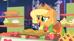 Size: 1025x577 | Tagged: safe, screencap, applejack, g4, my little pony: friendship is magic, the best night ever, apple, clothes, cupcake, dress, female, gala dress, pie, solo, youtube caption