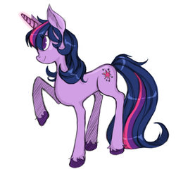 Size: 539x533 | Tagged: dead source, safe, artist:lovechafes, twilight sparkle, pony, unicorn, g4, alternate hairstyle, colored hooves, eye clipping through hair, female, hooves, horn, magic, magic aura, mare, raised hoof, simple background, solo, unicorn twilight, unshorn fetlocks, white background