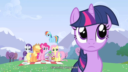 Size: 854x480 | Tagged: safe, screencap, applejack, fluttershy, pinkie pie, rainbow dash, rarity, spike, twilight sparkle, a canterlot wedding, g4, my little pony: friendship is magic, mane seven, youtube caption