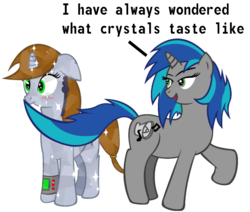 Size: 1685x1430 | Tagged: dead source, safe, artist:omnitoast, oc, oc only, oc:homage, oc:littlepip, crystal pony, pony, unicorn, fallout equestria, bedroom eyes, blushing, comic, crystallized, cutie mark, fanfic, fanfic art, female, floppy ears, hooves, horn, lesbian, mare, oc x oc, open mouth, pipboy, pipbuck, raised hoof, seduction, ship:pipmage, shipping, simple background, smiling, sparkles, standing, tail seduce, talking, transparent background, wide eyes