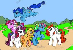 Size: 640x443 | Tagged: safe, artist:foxspotted, applejack (g1), blueberry baskets, galaxy (g1), magic hat, moonstone, paradise, earth pony, pegasus, pony, unicorn, g1, blueberrydorable, cute, diahats, female, g1 adorastone, g1 jackabetes, galaxydorable, group, land, mare, paradawwse, ponyland, sextet, smiling