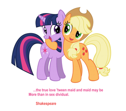 Size: 594x525 | Tagged: safe, applejack, twilight sparkle, g4, female, hug, lesbian, ship:twijack, william shakespeare