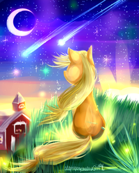 Size: 1200x1500 | Tagged: safe, artist:aquagalaxy, applejack, g4, barn, female, moon, night, shooting star, sitting, solo