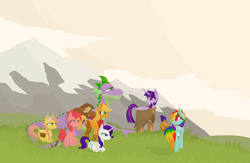 Size: 900x586 | Tagged: dead source, safe, artist:phidippusofmystery, applejack, fluttershy, pinkie pie, rainbow dash, rarity, spike, twilight sparkle, alicorn, pony, g4, female, mane seven, mane six, mare, older, twilight sparkle (alicorn)