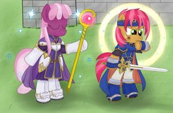 Size: 1107x722 | Tagged: safe, artist:theculturewarrior, babs seed, cheerilee, earth pony, pony, g4, bipedal, cecilia, clothes, cosplay, costume, crossover, fire emblem, fire emblem: the binding blade, nintendo, roy, sword